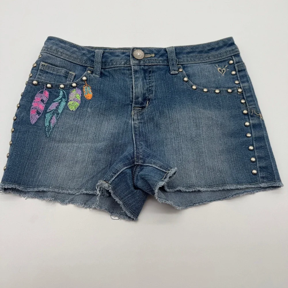 Justice Jeans Girls Denim Shorts Embroidered Feather Studded Blue Size 12R